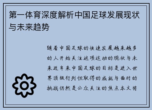 第一体育深度解析中国足球发展现状与未来趋势